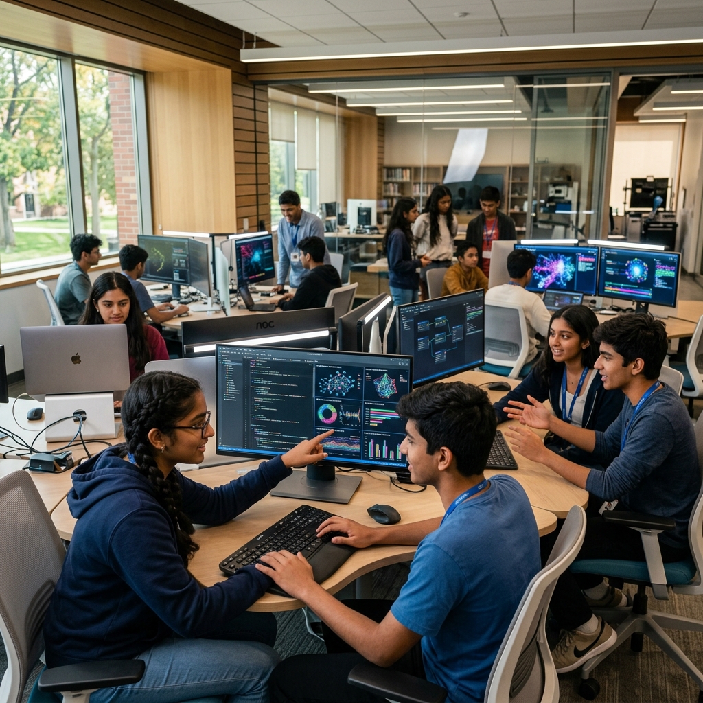 Indian students coding in AI Lab
